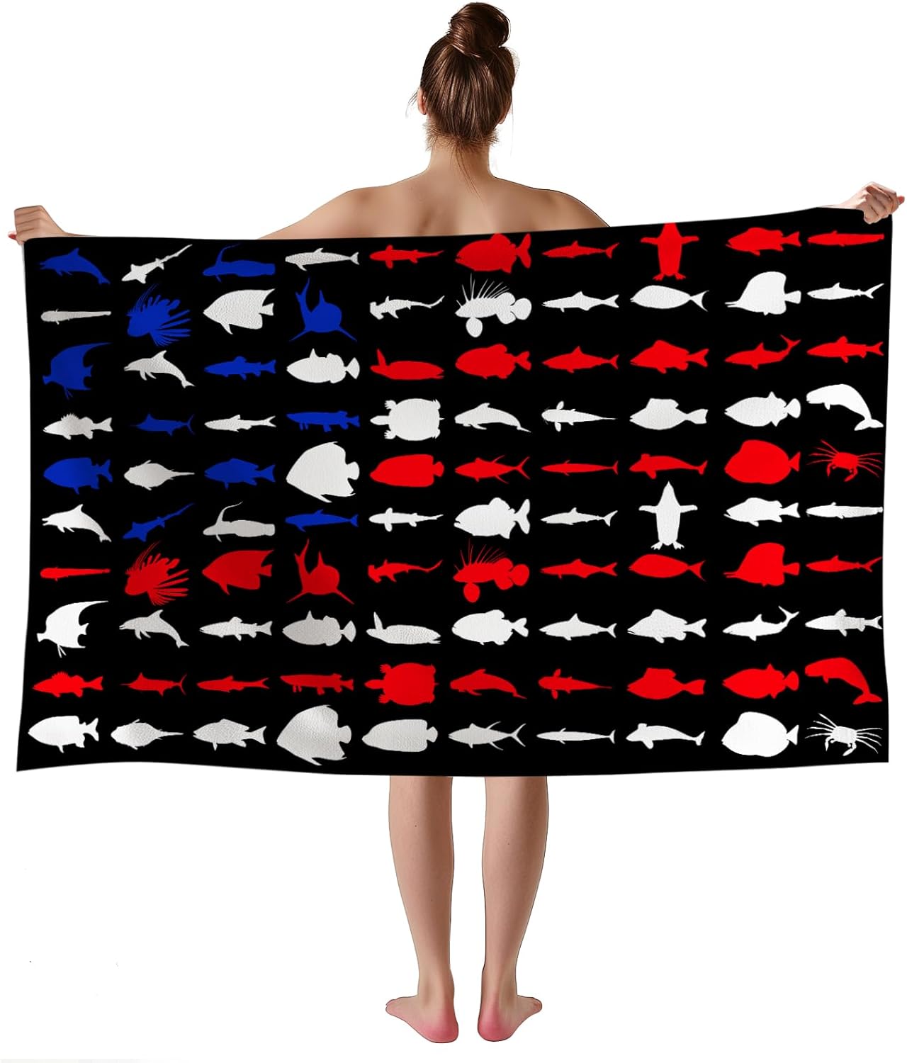 WZOMT American Flag Fishing Beach Towel - Quick Dry Microfiber with Sharks and Turtles