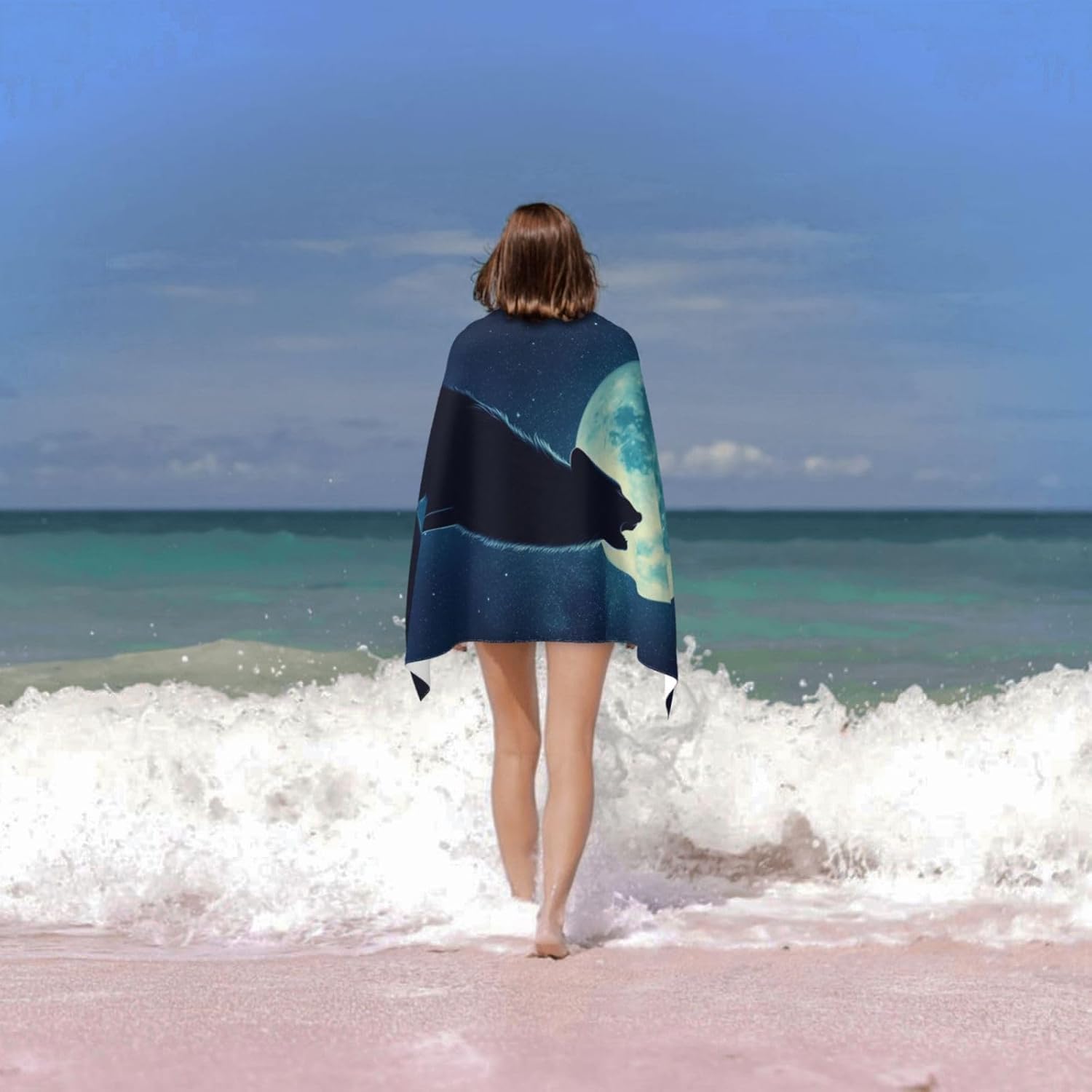 VANZEV Wolf Moon Beach Towel - 52x32 Inch Microfiber Sand Free