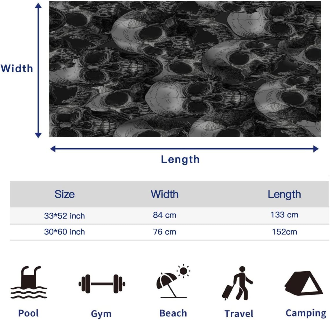 Kurtect Kids Men Boys Skull Beach Towel Black
