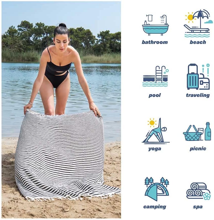 Hencely Striped Turkish Beach Towel 37x71 Navy Blue