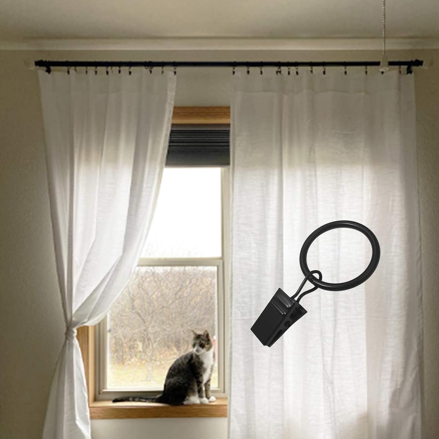 44 Pack Curtain Ring Hooks with Clips Black 1 Inch ID