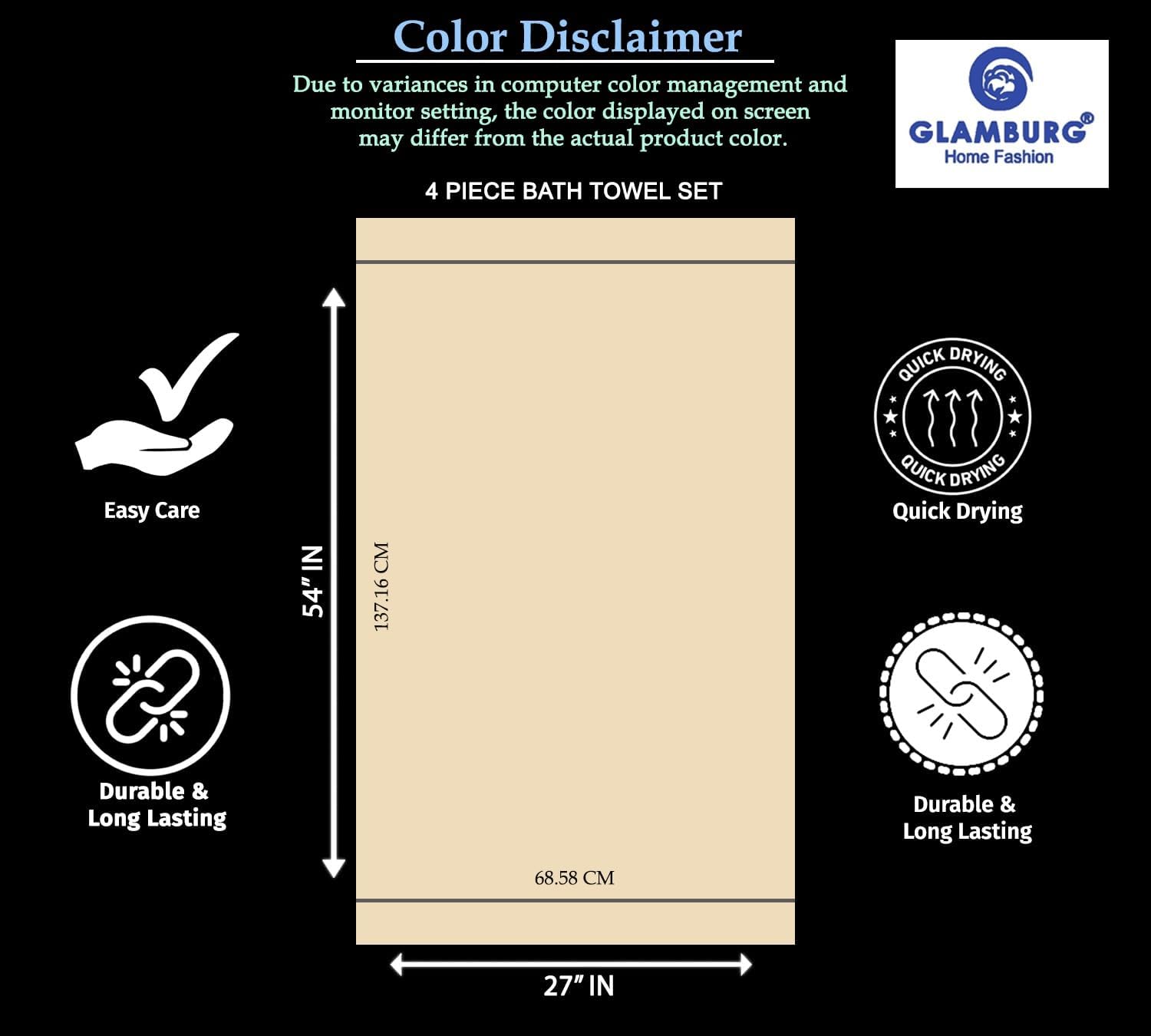 GLAMBURG Premium Cotton 4 Pack Bath Towel Set - 100 Pure Cotton