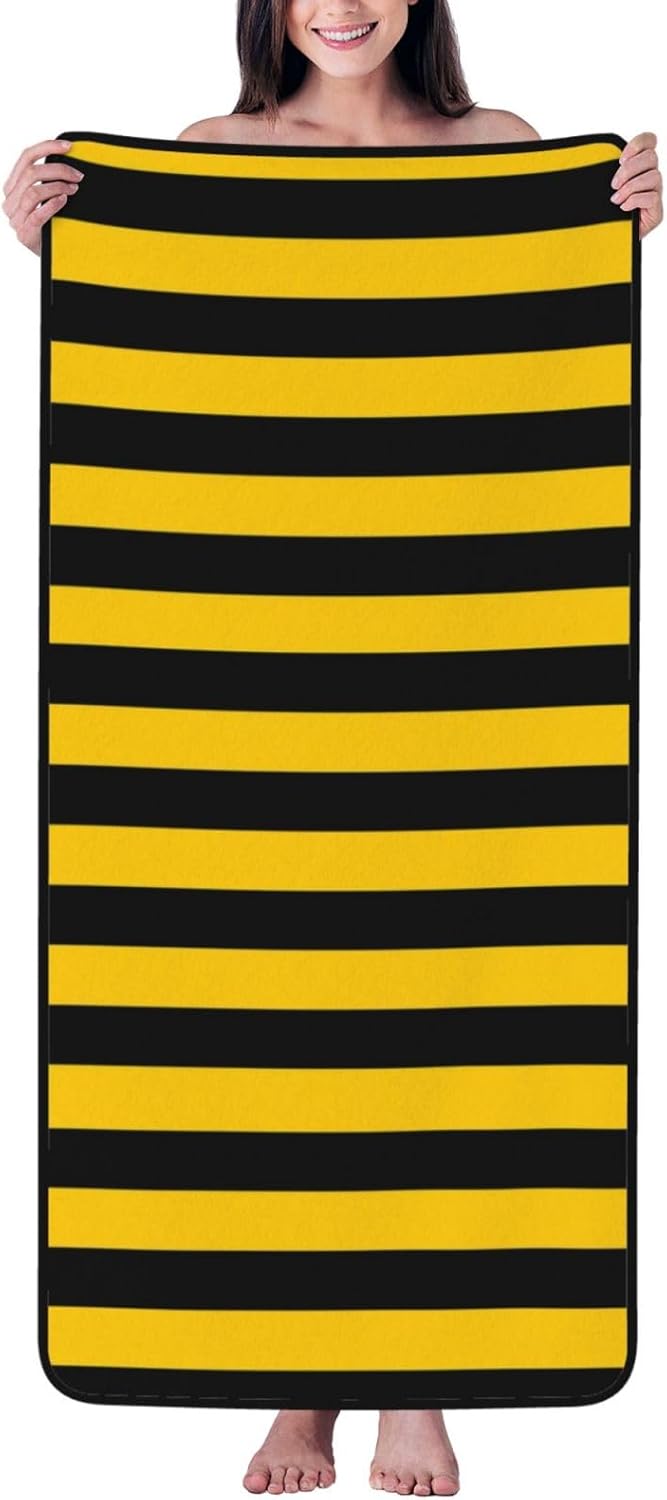 Yellow Black Stripe Beach Towel for Adults Kids