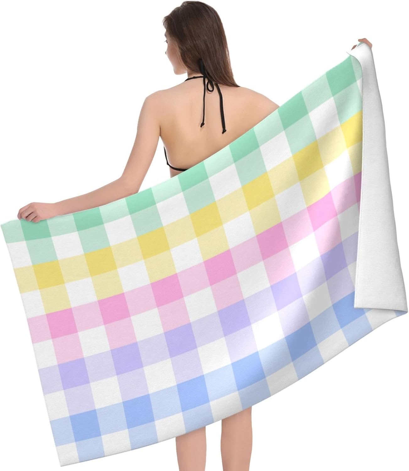 VOOHDDY Rainbow Checkered Microfiber Beach Towel