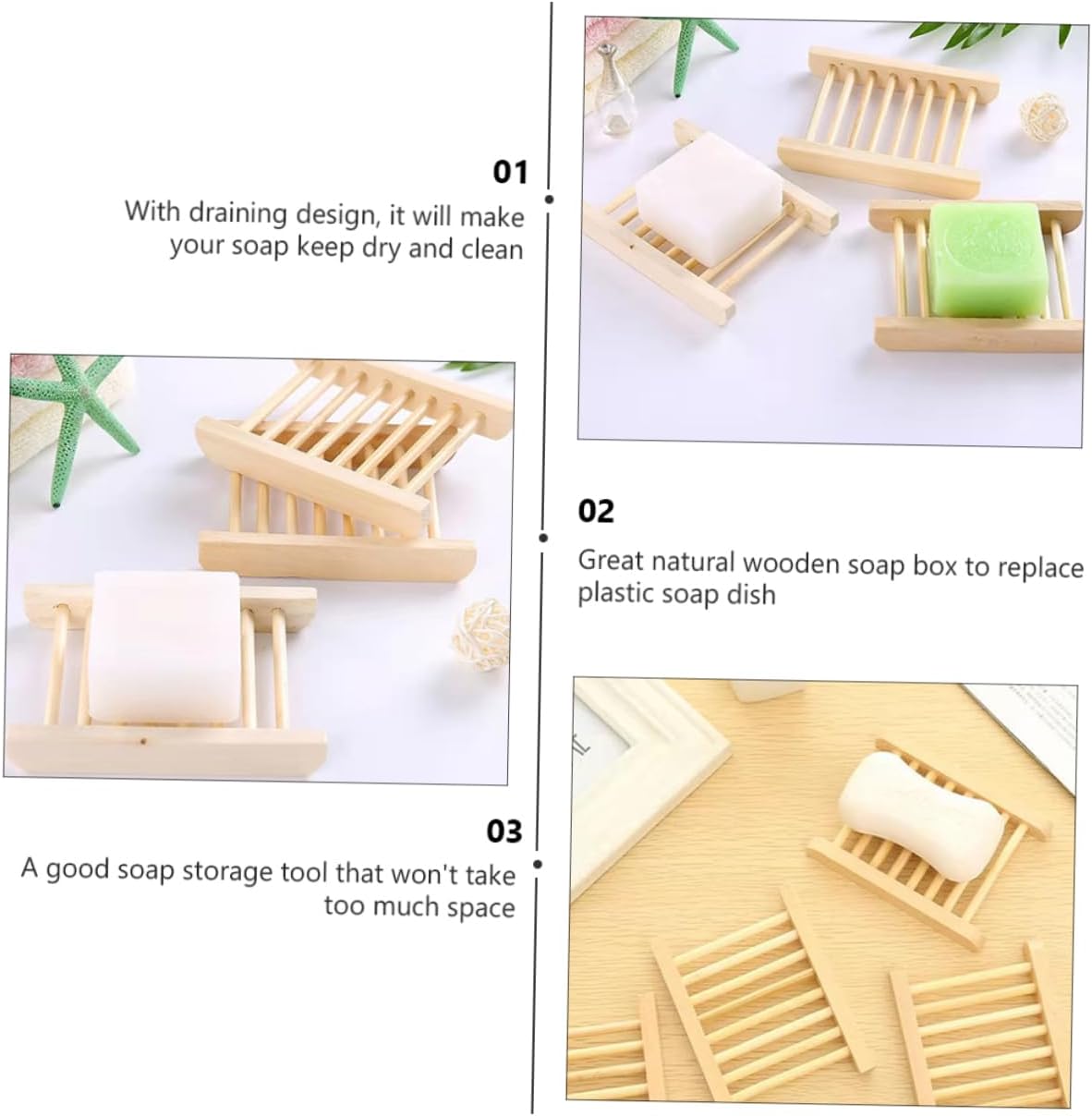 ULTECHNOVO 6Pcs Natural Wood Soap Dish Holder Drainer Tray