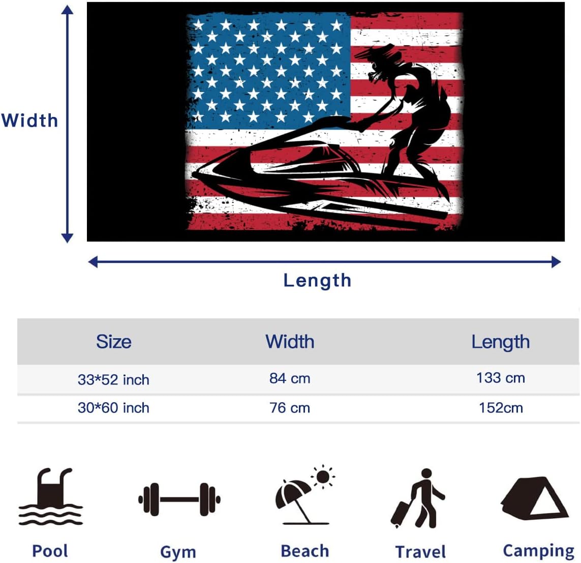 Jet Ski American Flag Microfiber Beach Towel - Extra Large Quick Dry Sand Free