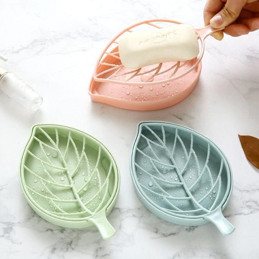 3Pcs Leaf-Shaped Soap Dishes with Drainage Tray Fashionable Bathroom Holder in Green