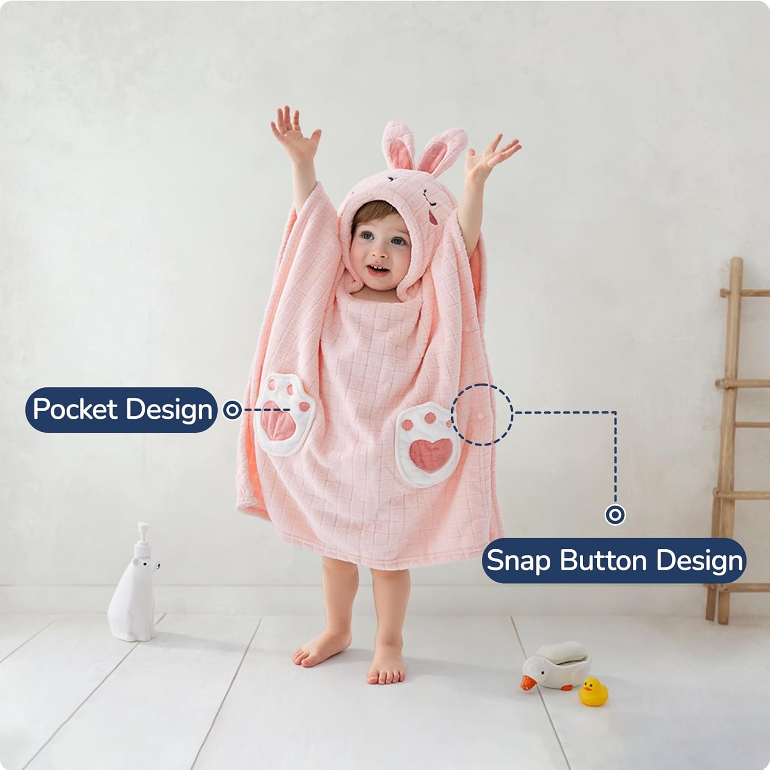USBettas Kids Towel Poncho - Soft Coral Fleece with Bunny Design