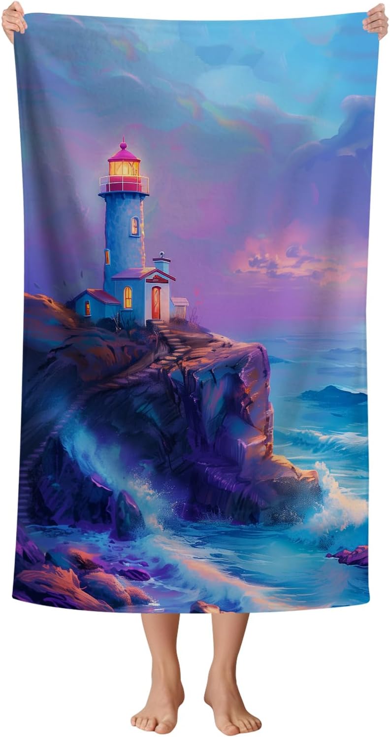 WZOMT Microfiber Beach Towel - Purple Lighthouse Design