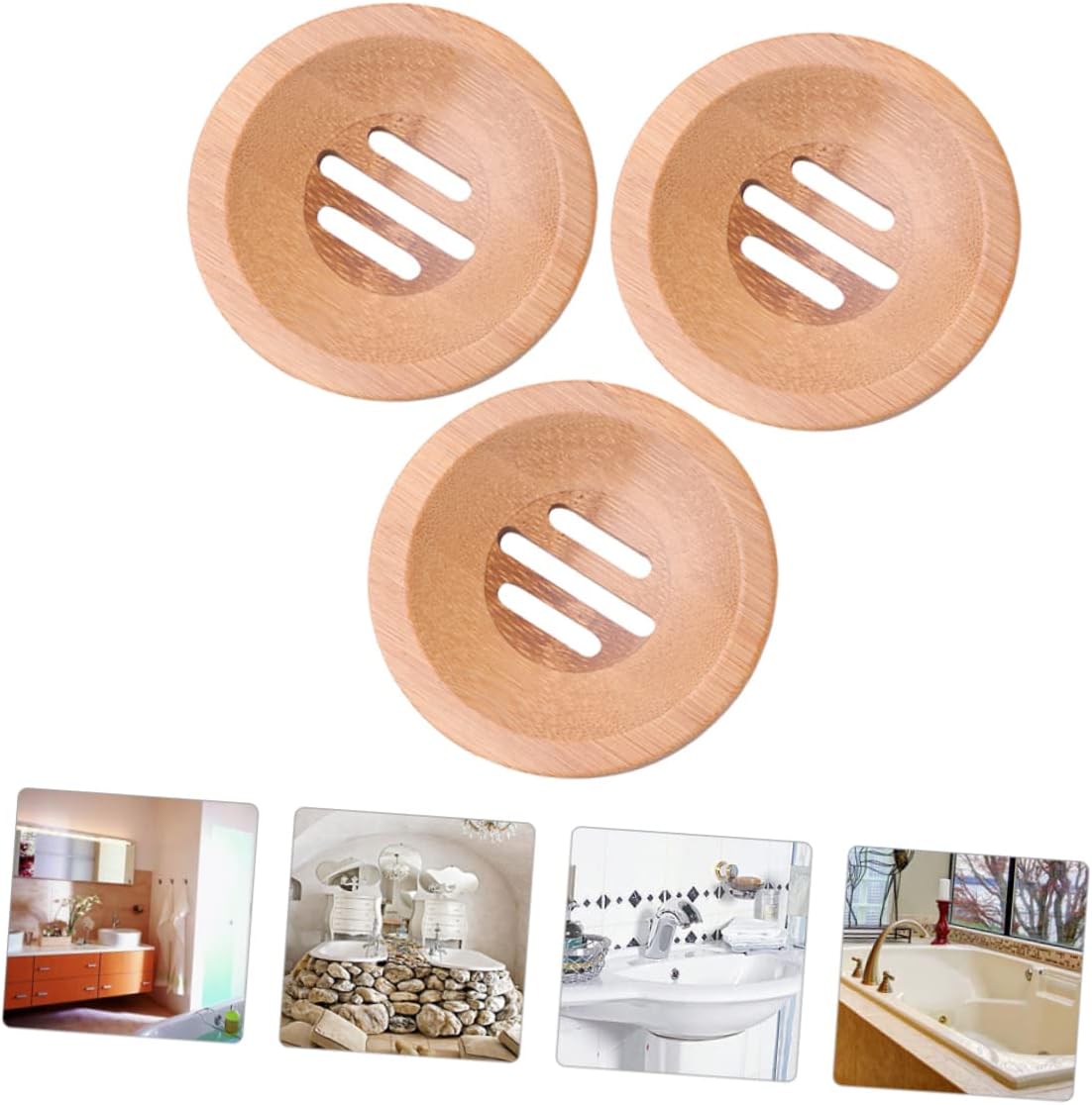 IMIKEYA 3pcs Round Bamboo Soap Dish Holder for Bathroom Kitchen