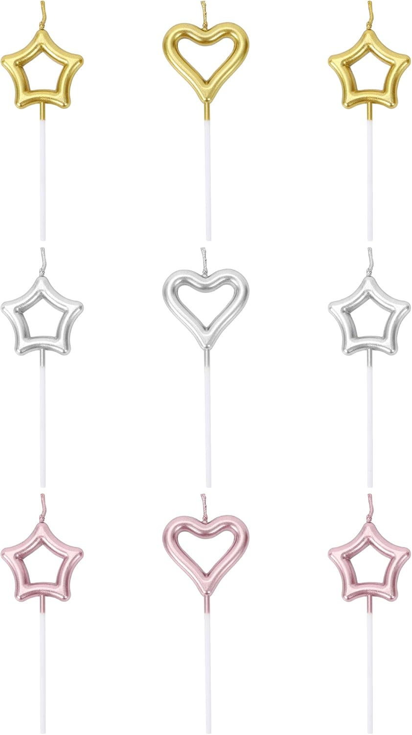 BoKin Birthday Cake Candles Set 6 Stars 3 Hearts