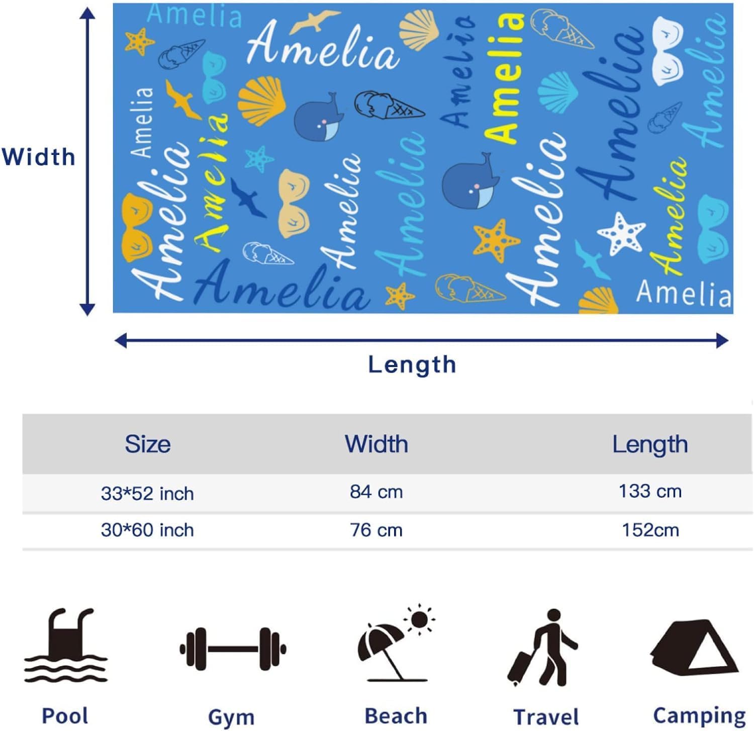Personalized Beach Towel with Name - Customized Summer Microfiber Quick Drying