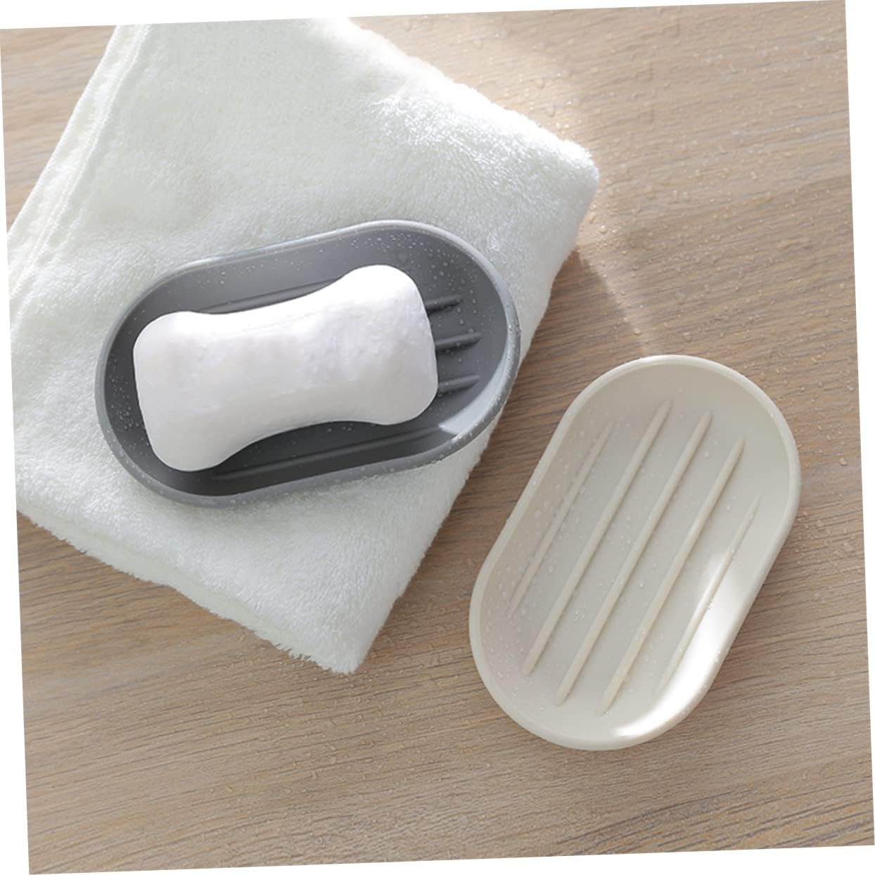 HAKIDZEL Beige Soap Dish Oval Self-Draining Holder for Bathroom