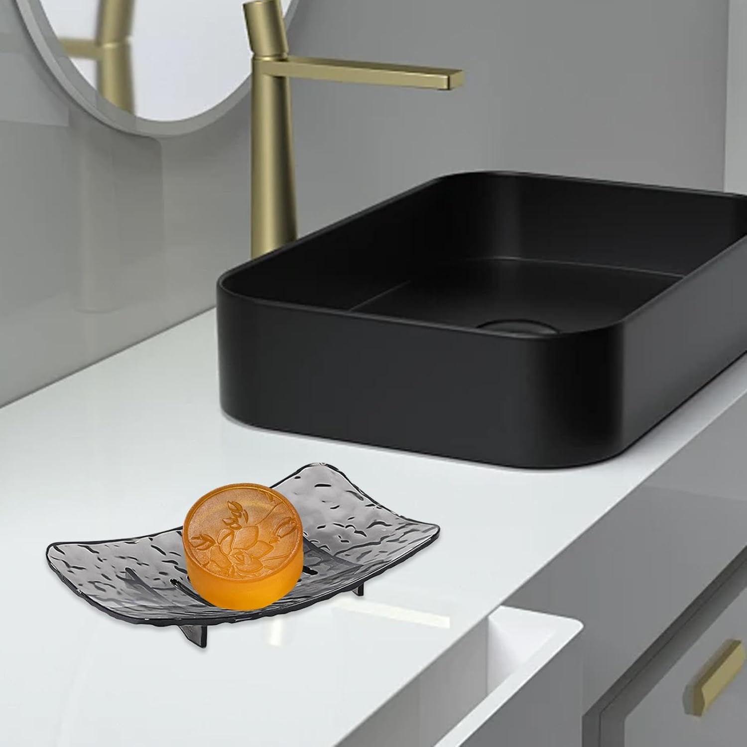 Rectangular Gray Soap Dish with Drain Holes and Holes for Water Drainage