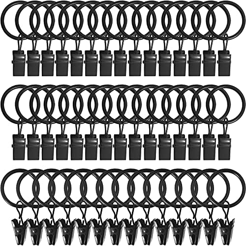44 Pack Curtain Ring Hooks with Clips Black 1 Inch ID