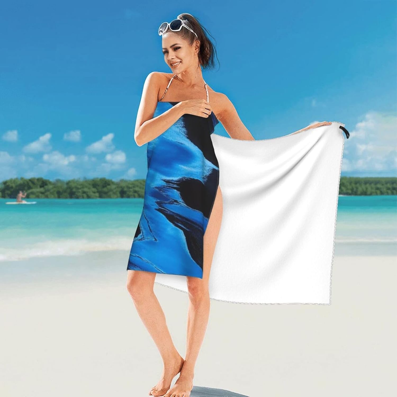Black Blue Tie Dye Microfiber Beach Towel for Men Women 1