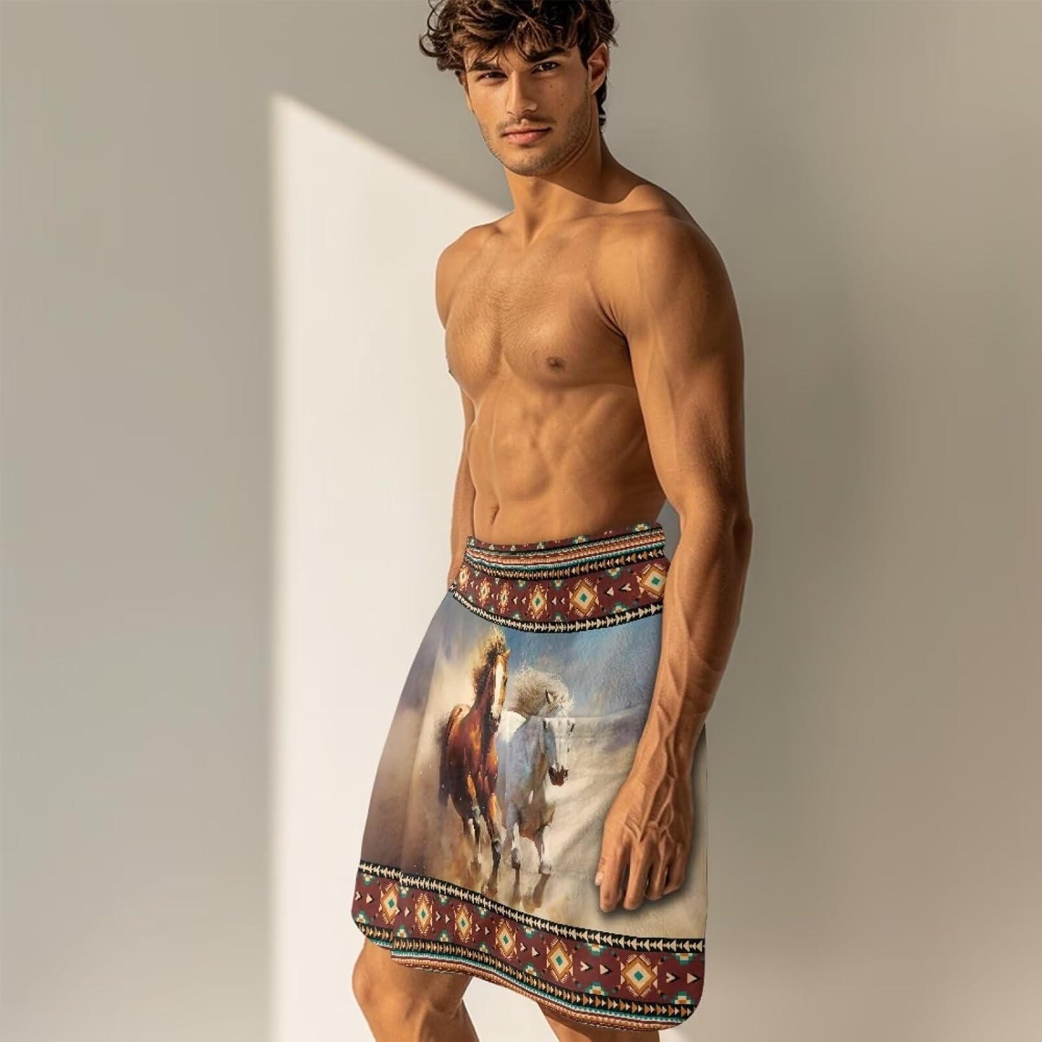 Mens Aztec Horse Bath Towel Wrap Adjustable with Hook and Loop Fasteners