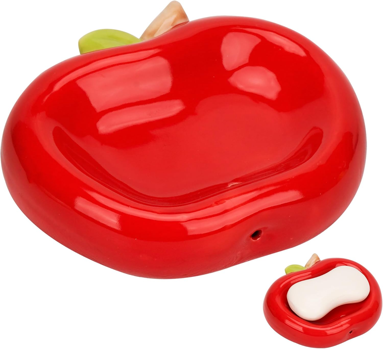 Red Apple Shaped Ceramic Soap Dish with Drainage Holes