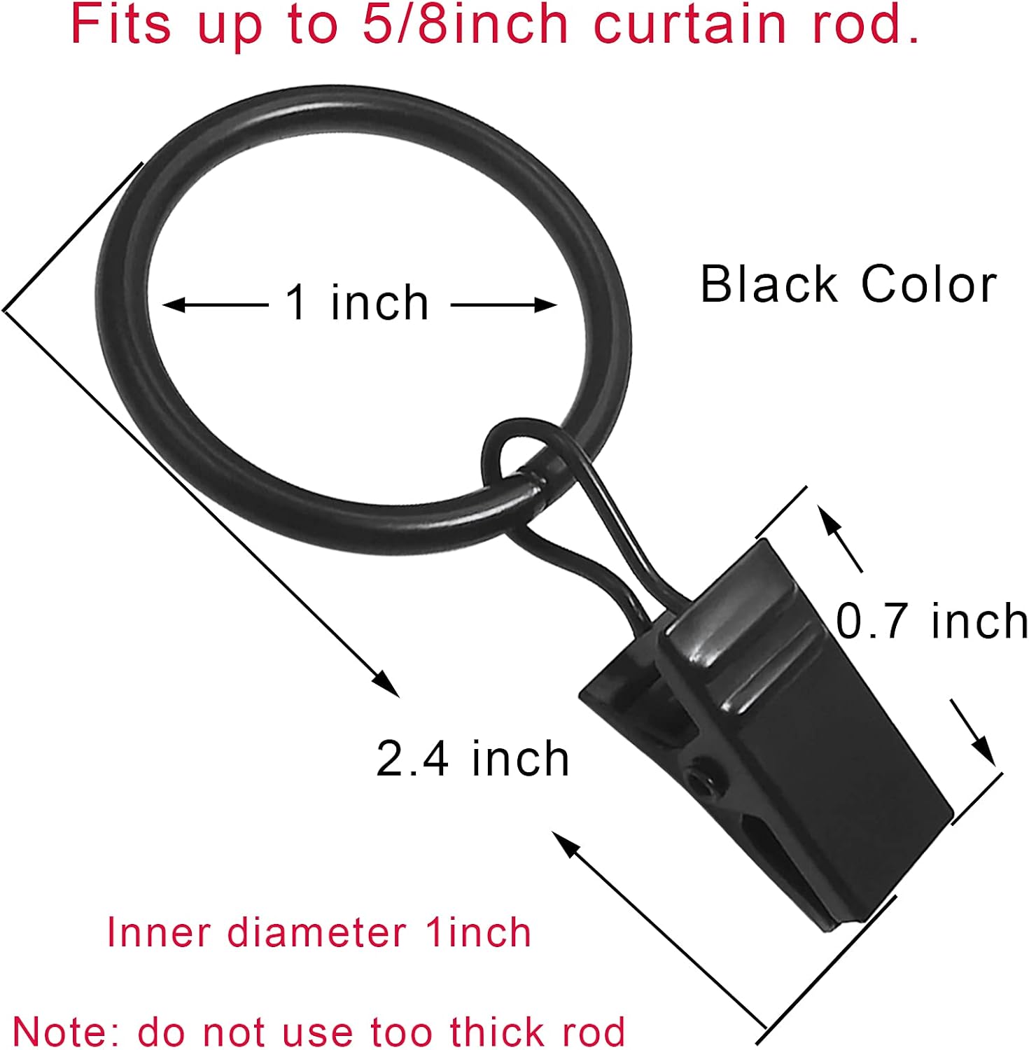 44 Pack Curtain Ring Hooks with Clips Black 1 Inch ID