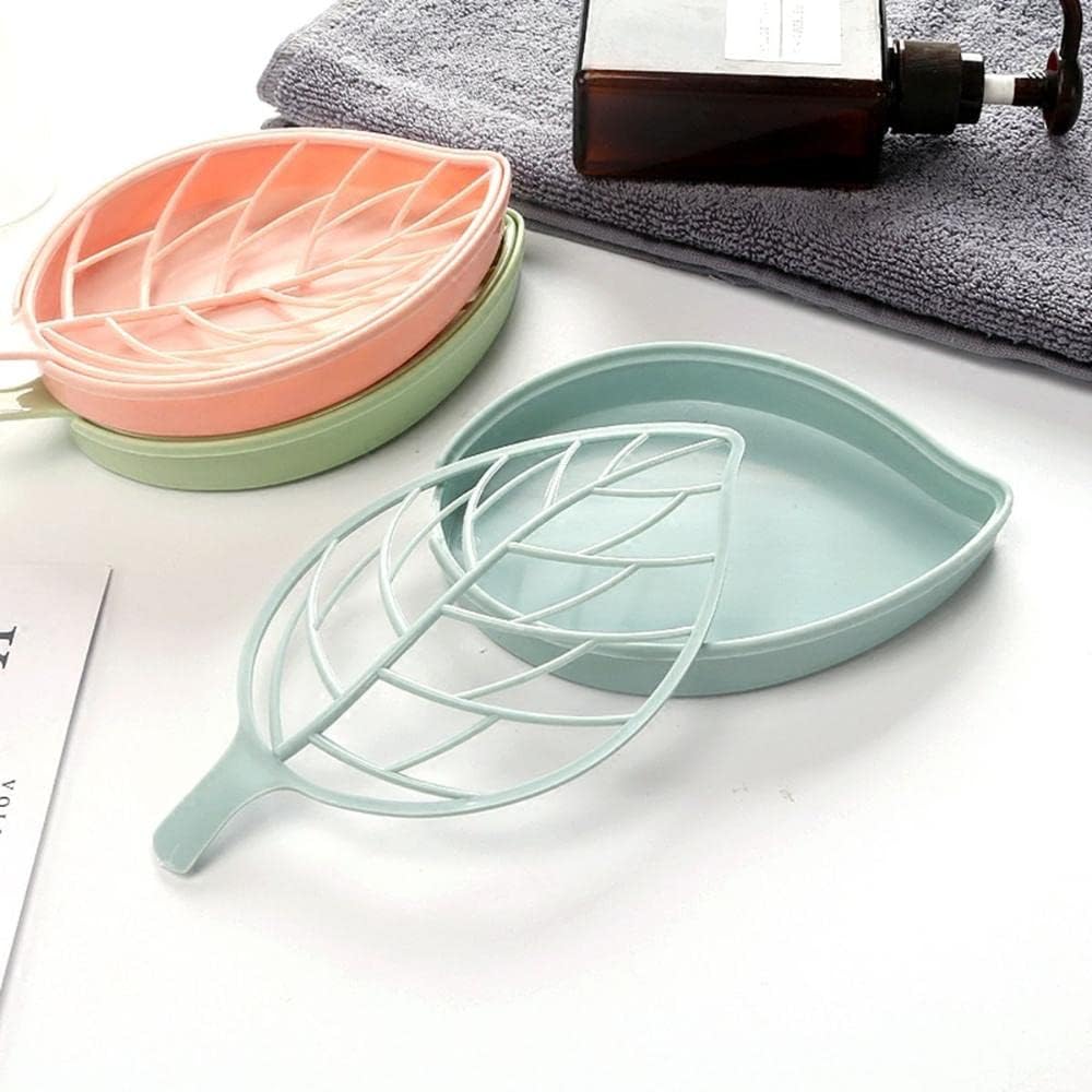 3Pcs Leaf-Shaped Soap Dishes with Drainage Tray Fashionable Bathroom Holder in Green