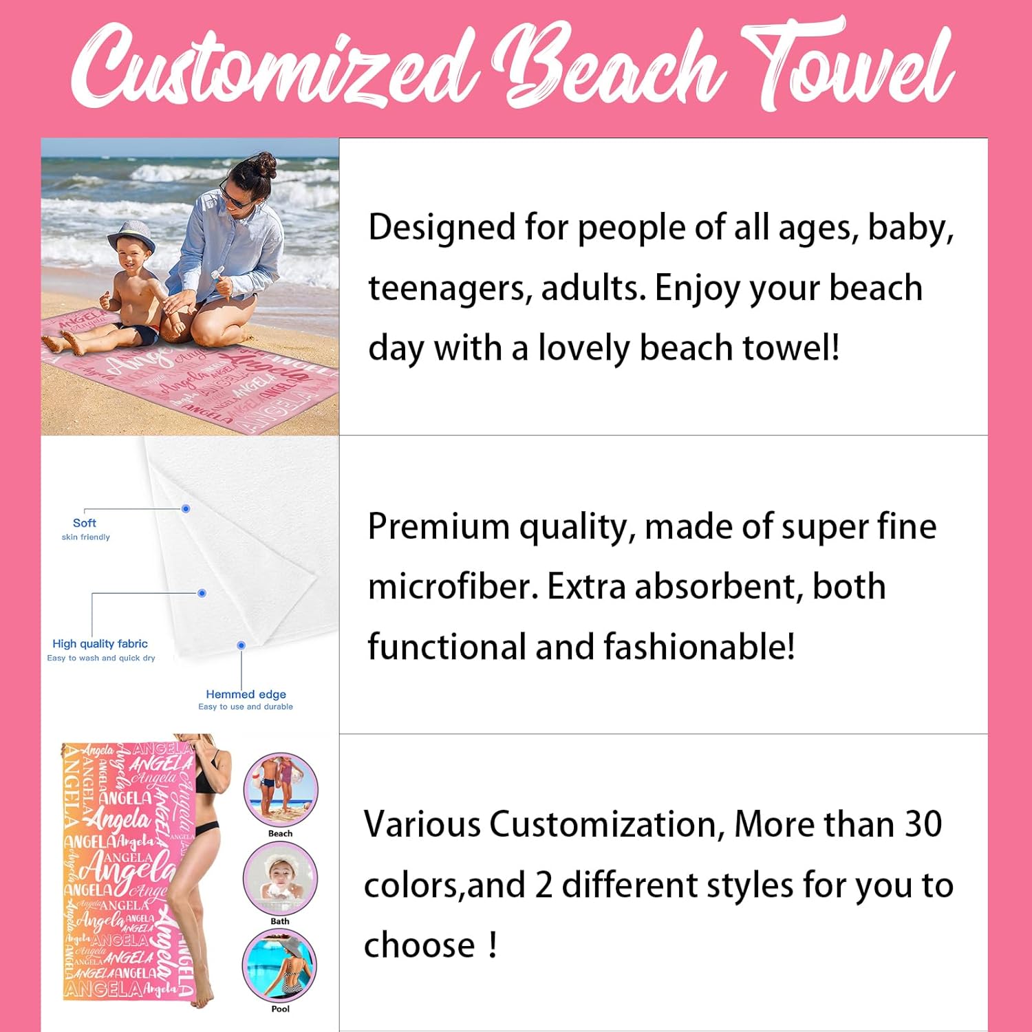 Custom Kids Adults Beach Towel with Name