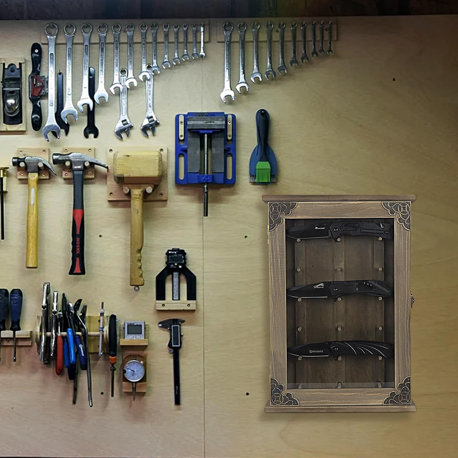 Wooden Knife Shadow Box - Wall Mounted Knife Case for Collectors