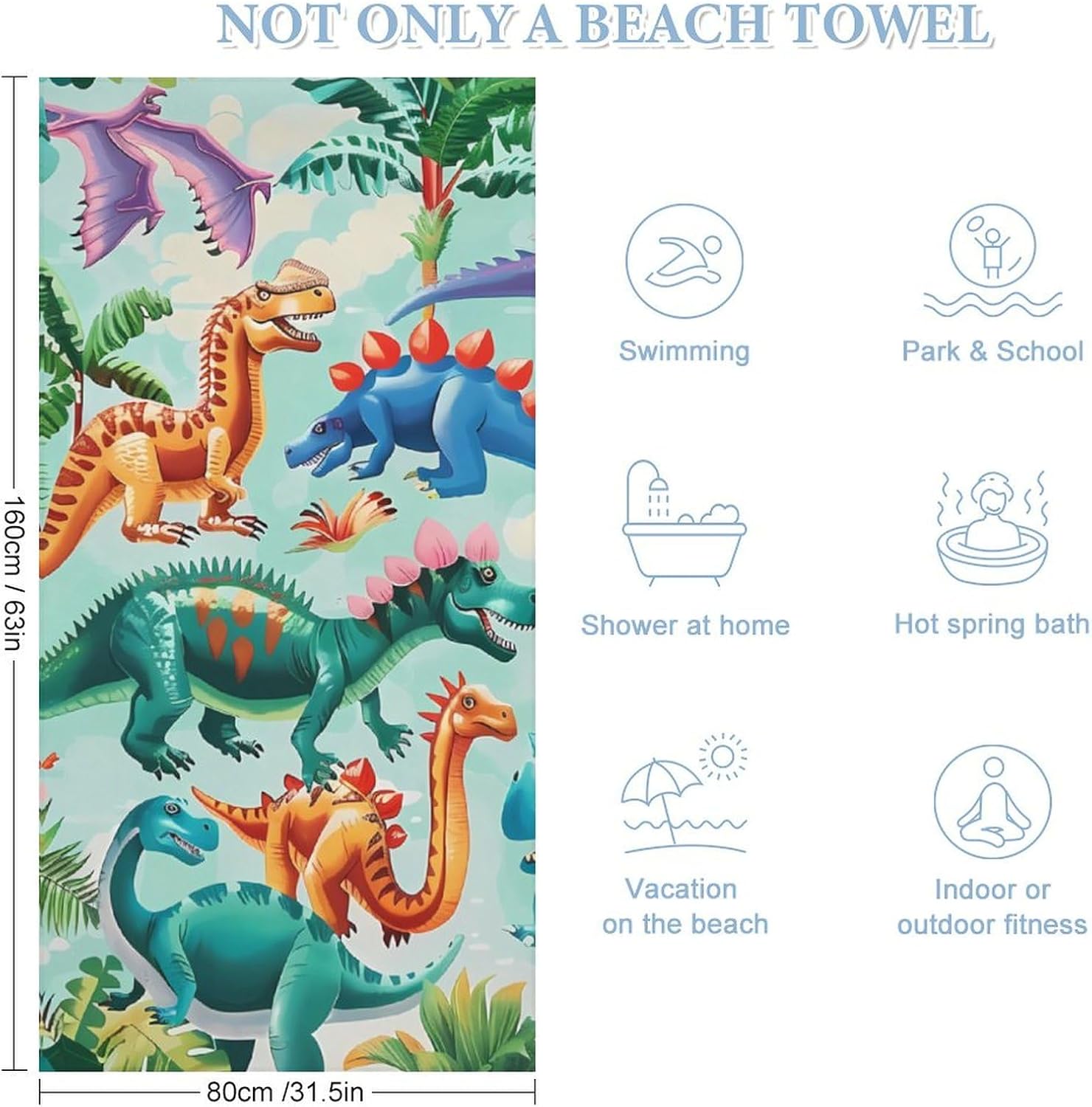 Dinosaur Beach Towel Unique Quick Dry Soft Plush