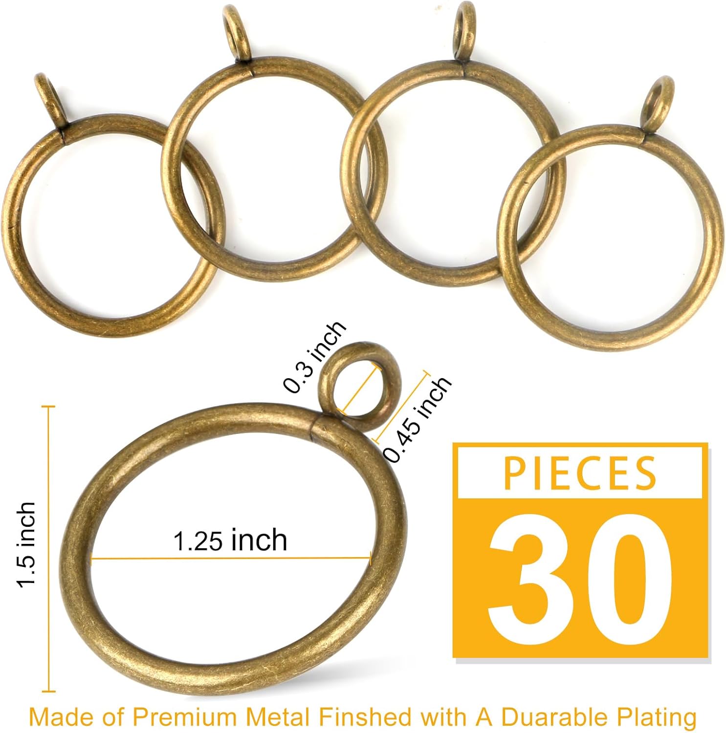 Hanitronic Antique Brass Curtain Rings 30 PCS 1-Inch Rods