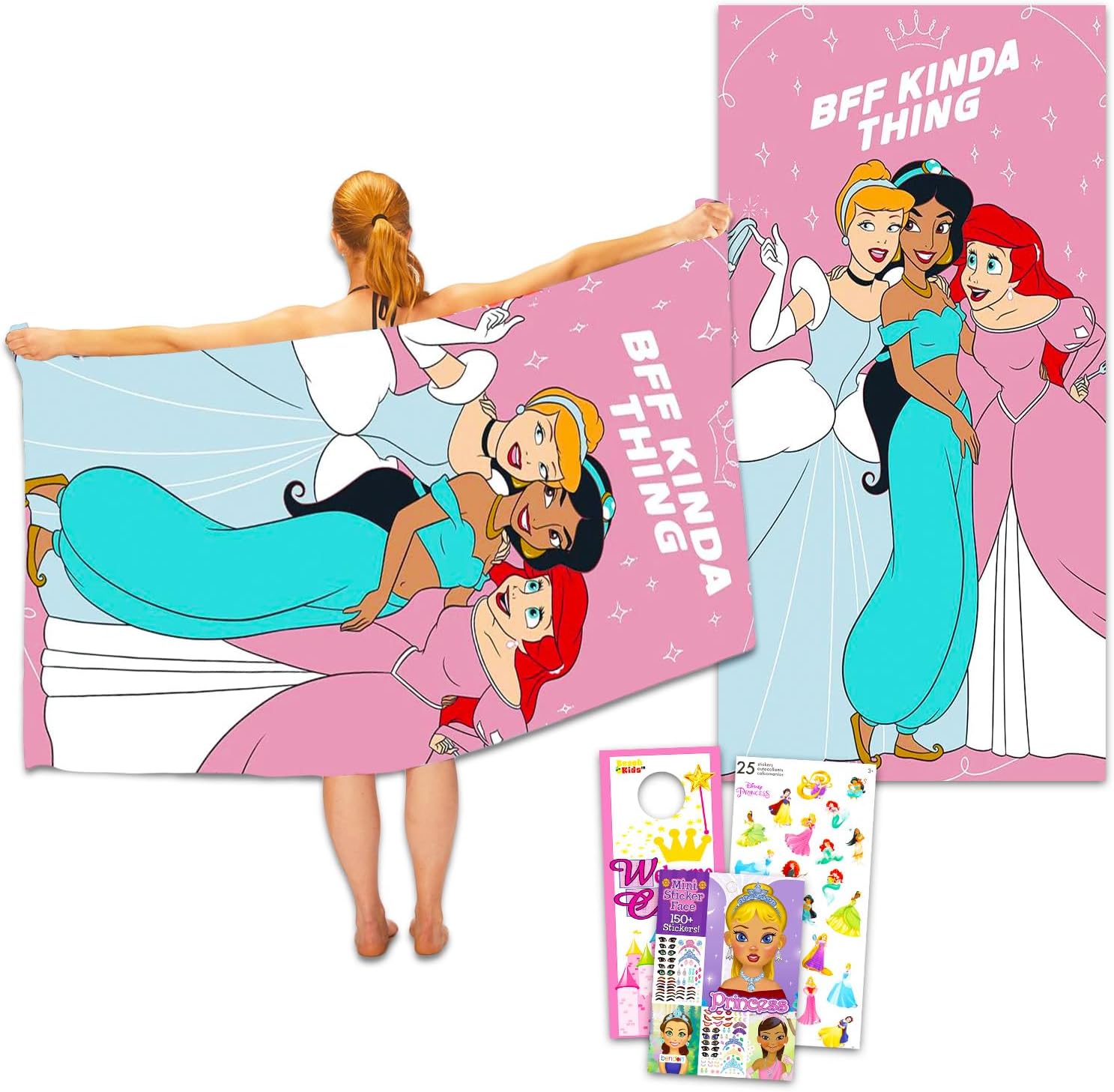 Disney Princess Beach Towel Set - 40x72 Microfiber Towel with Stickers More