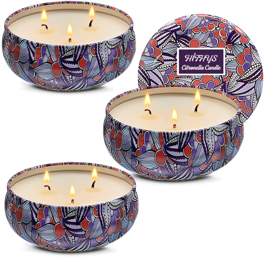 HITHYS Citronella Candles 45 Hour Soy Wax Travel Tin Pack of 3