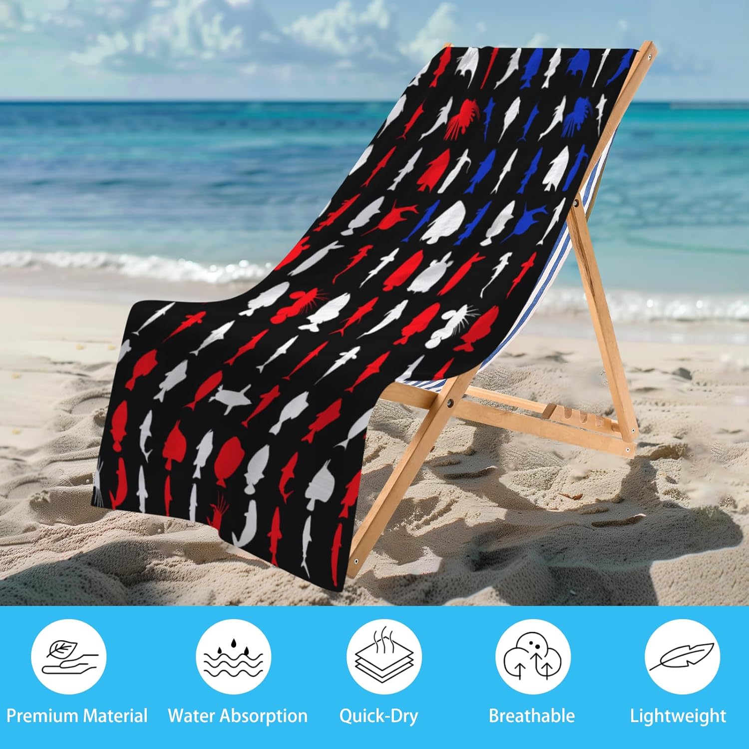 WZOMT American Flag Fishing Beach Towel - Quick Dry Microfiber with Sharks and Turtles