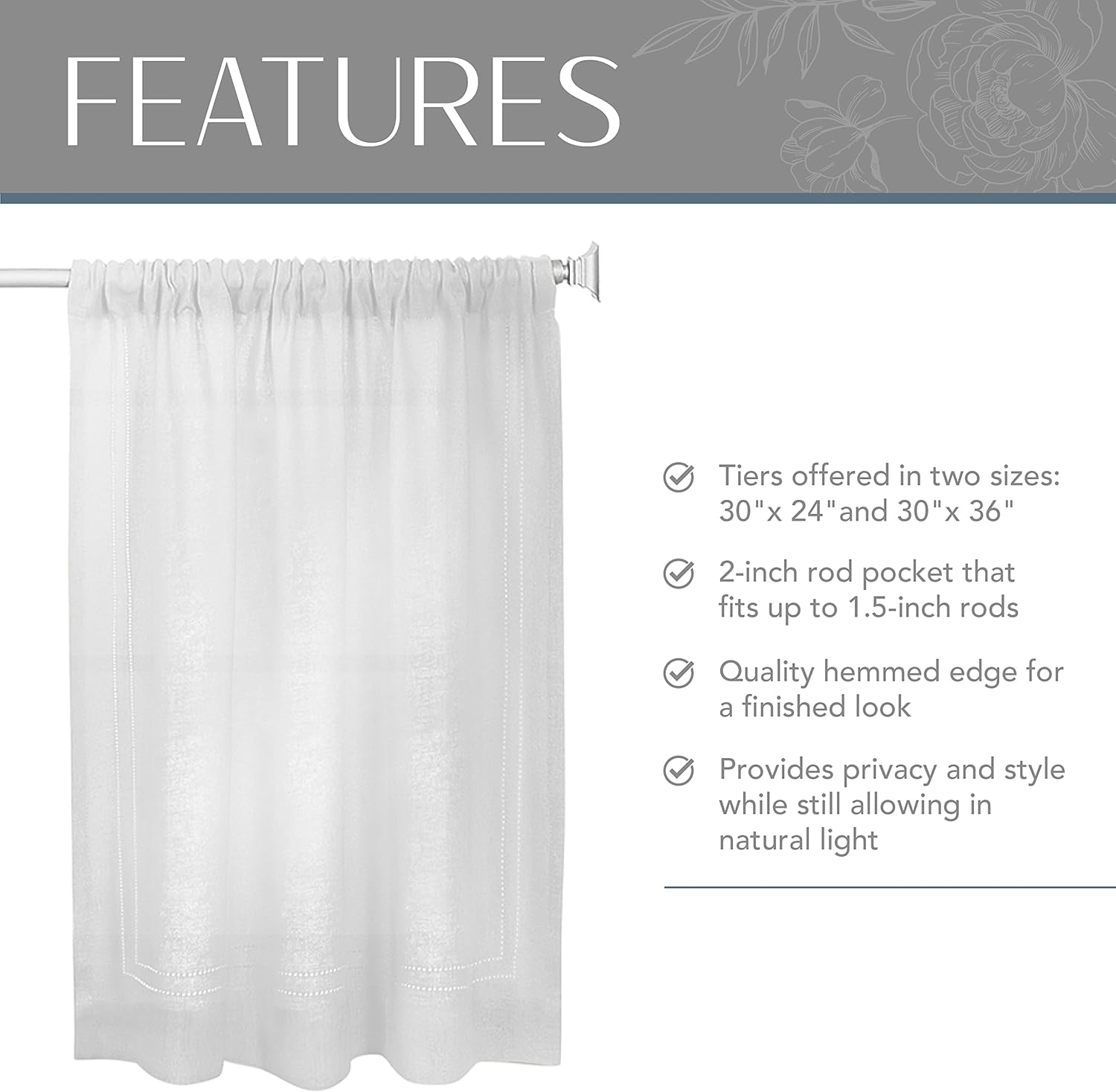 Elrene Cameron Linen Tier Curtains White 30x24 Set of 2 Tiers