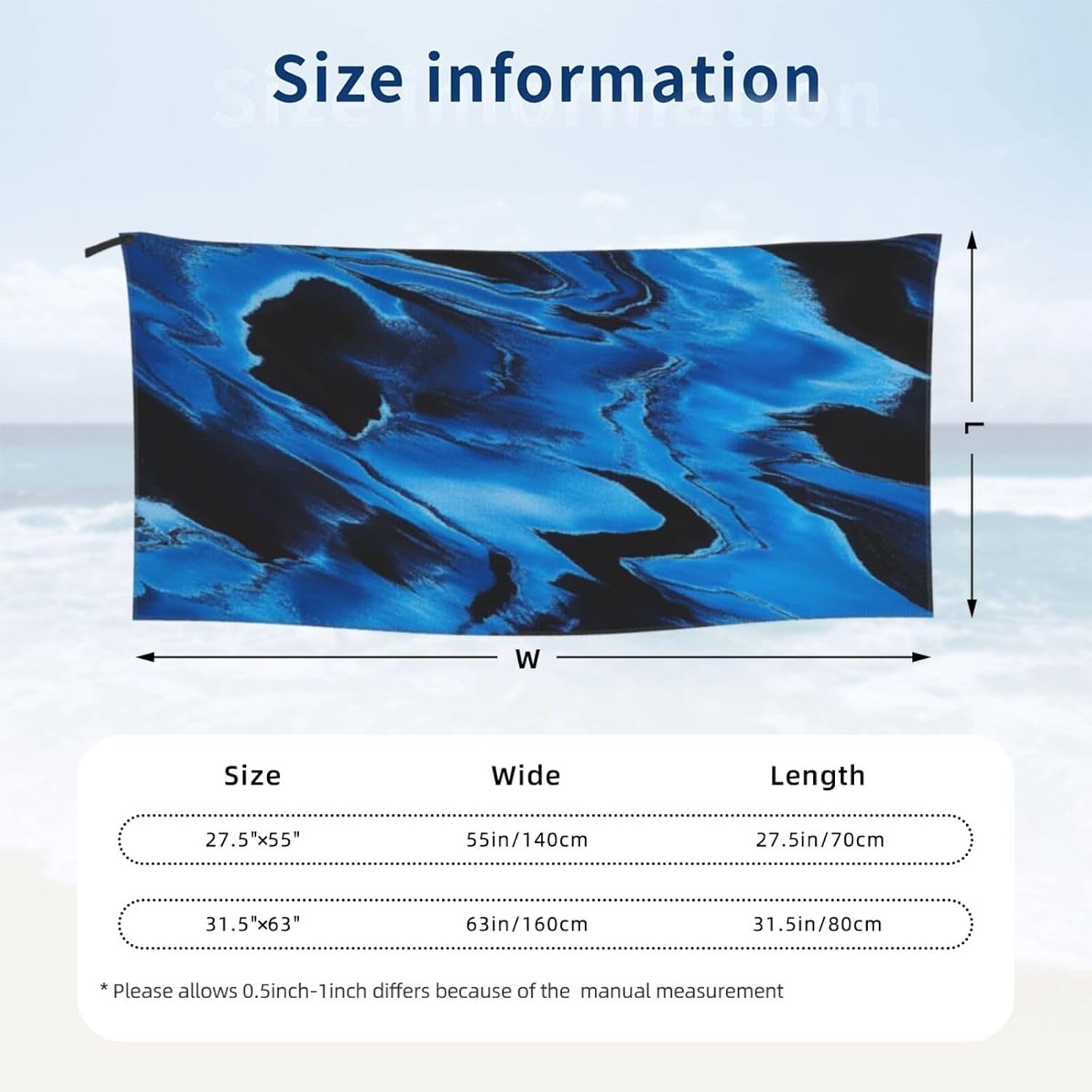 Black Blue Tie Dye Microfiber Beach Towel for Men Women 1
