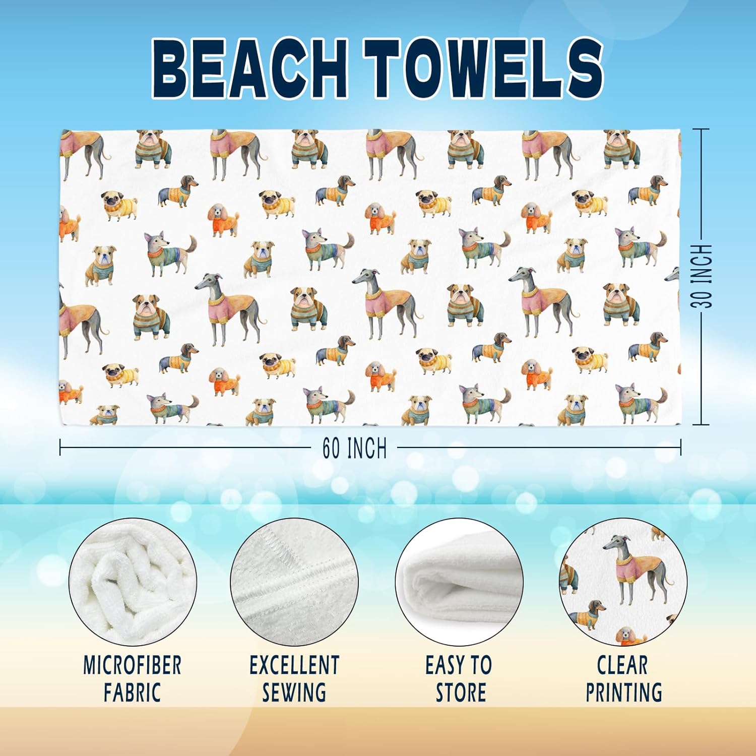 Cute Dog Beach Towel - Dachshund Poodle Microfiber 60x30 Inches