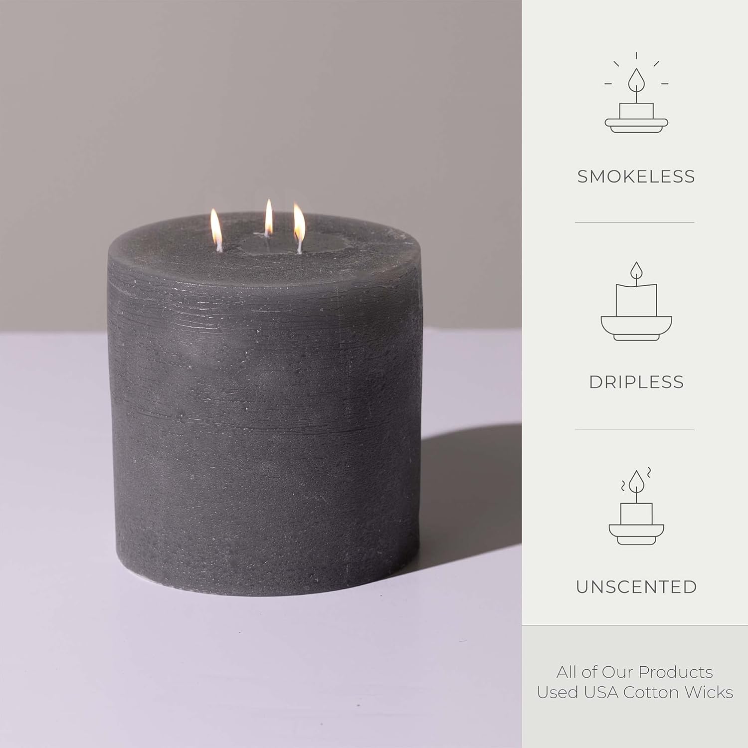 Bask Large Gray Pillar Candles - 3 Wick 6-Inch Diameter