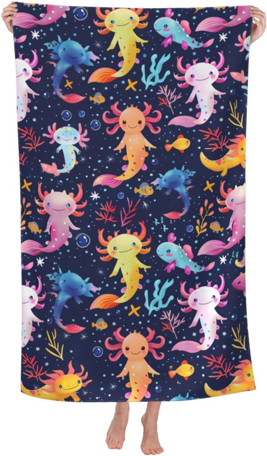 Colorful Axolotl Beach Towel 32x52in Microfiber Quick Dry