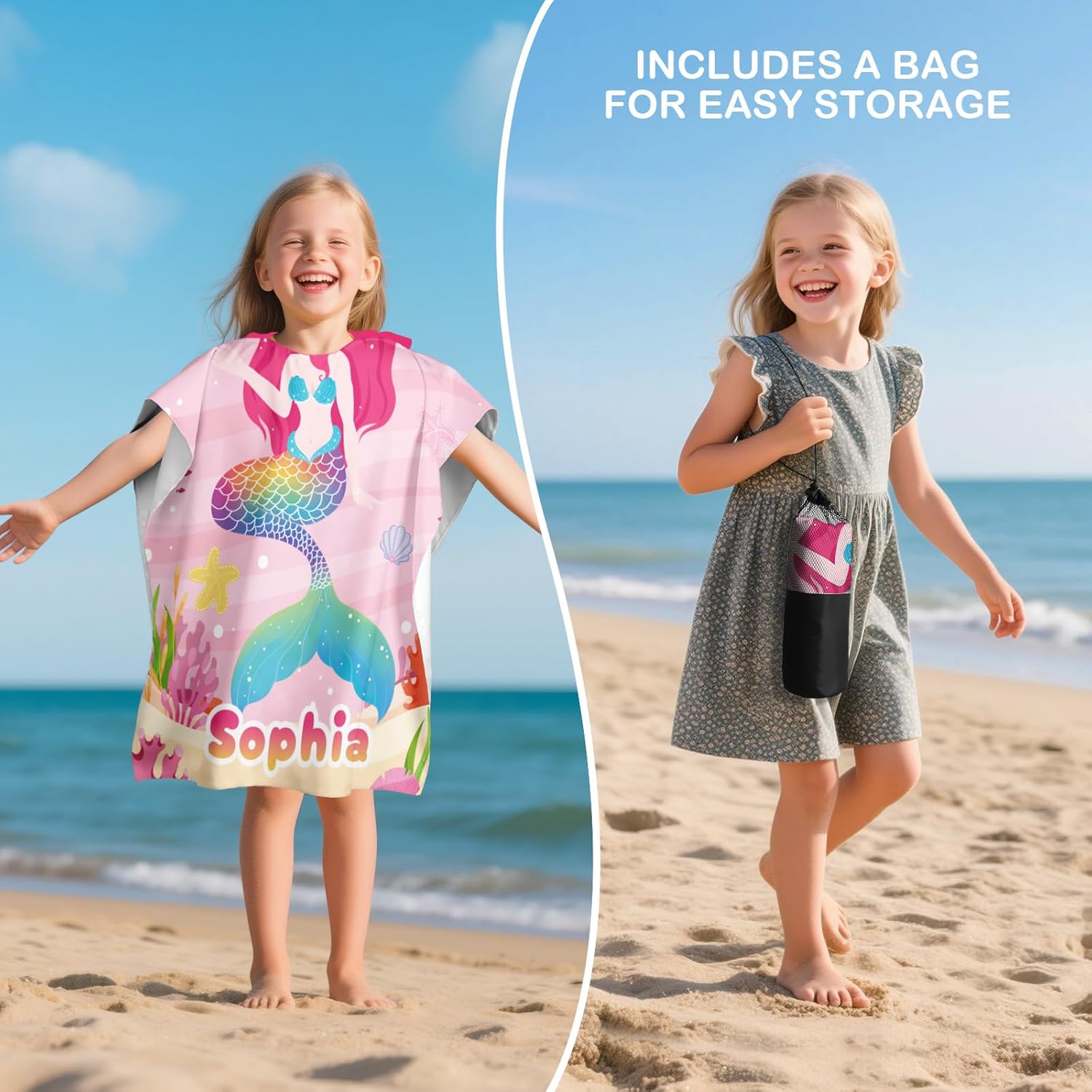 Personalized Kids Beach Towel with Name and Mermaid Design