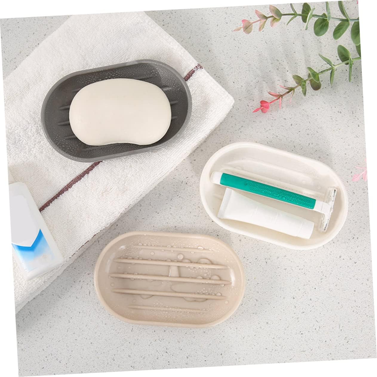 Oval Soap Dish Holder Beige Plastic for Bathroom Kitchen