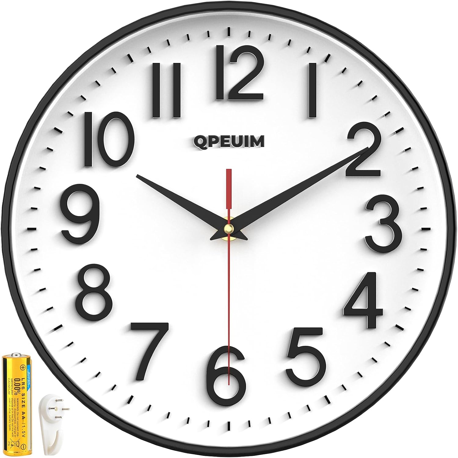 QPEUIM 10-Inch Battery Operated Wall Clock with 3D Dial