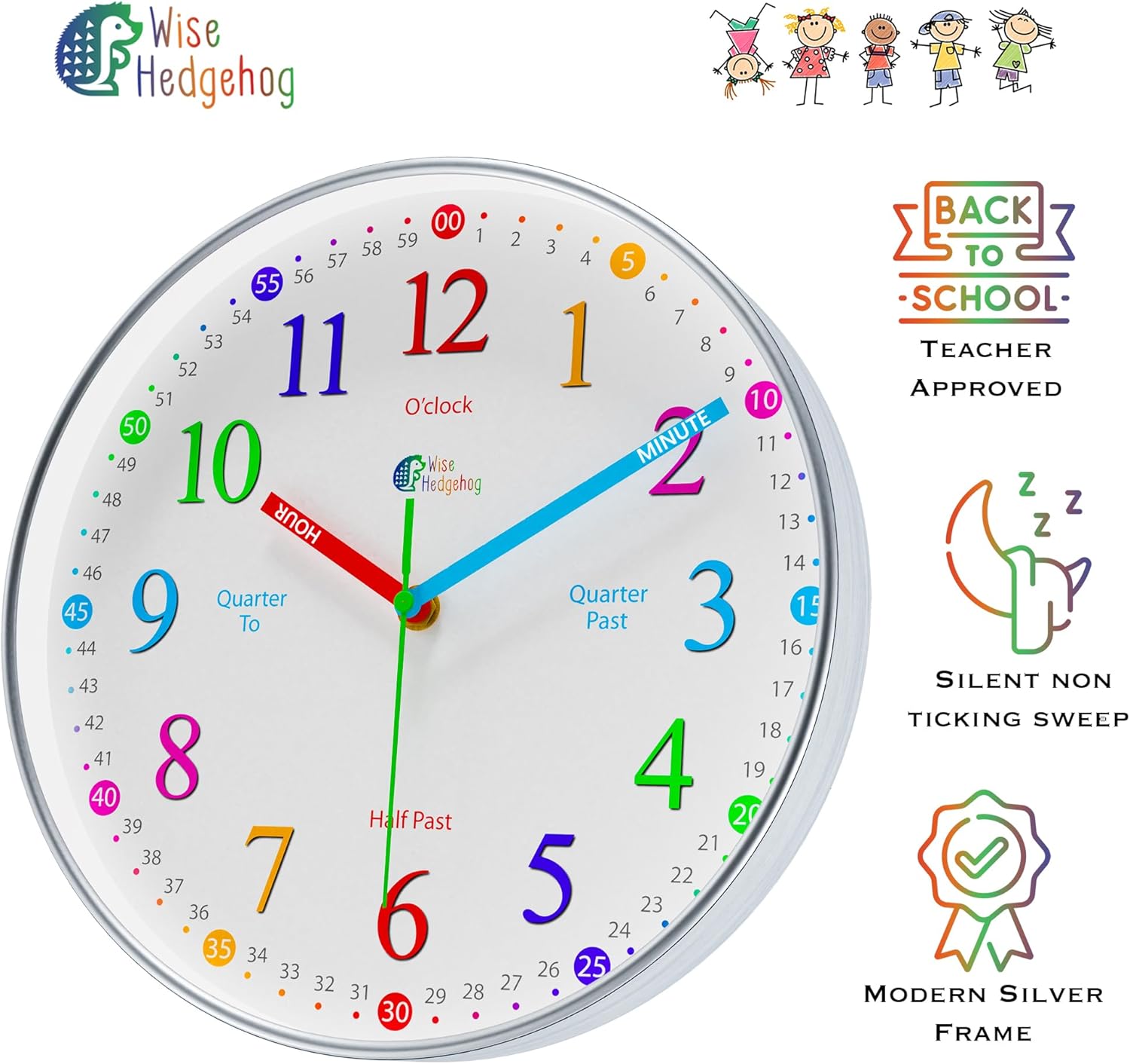 WISE HEDGEHOG Learning Clock for Kids Silent Non-Ticking