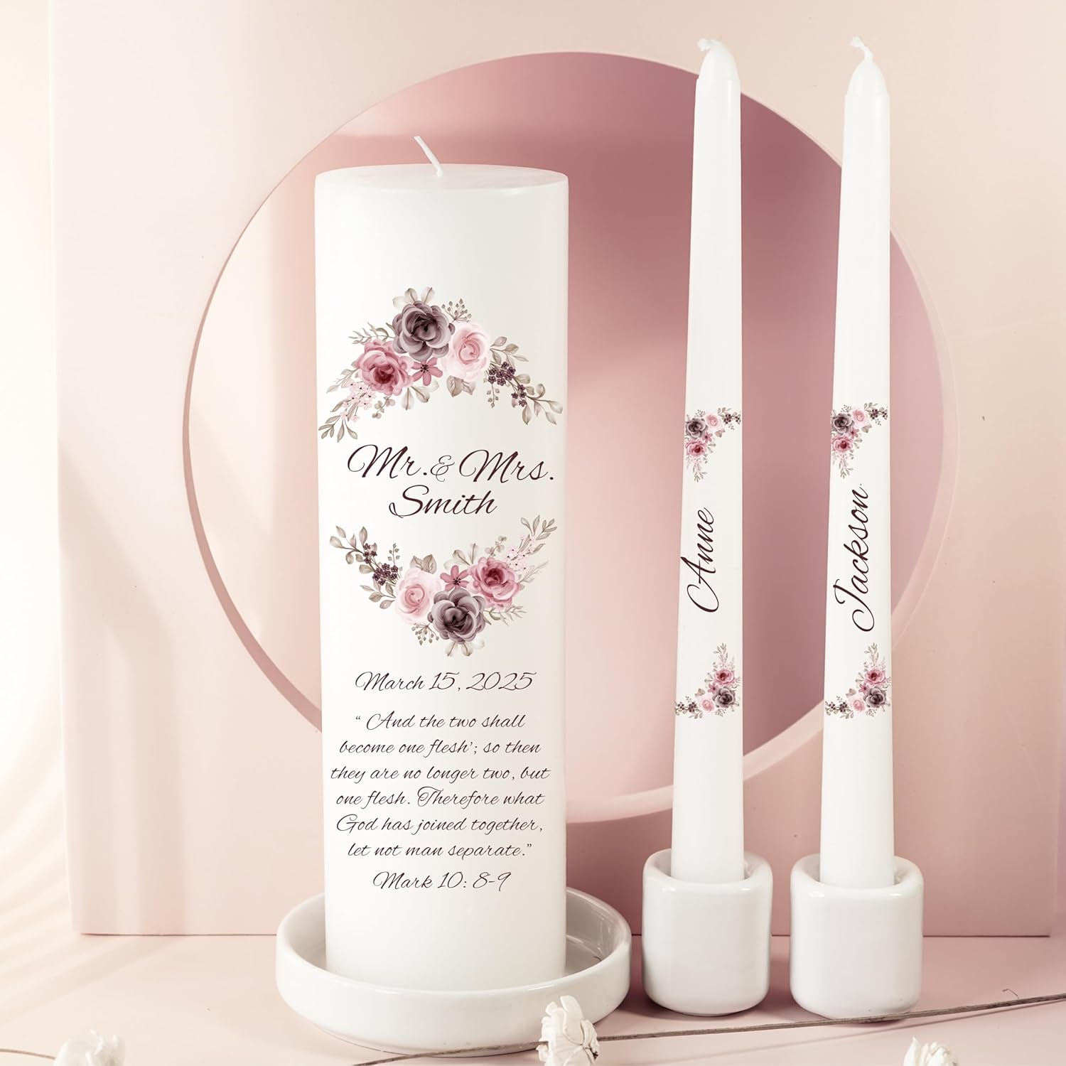 Unity Candles for Wedding Mr Mrs Set with Bible Quote