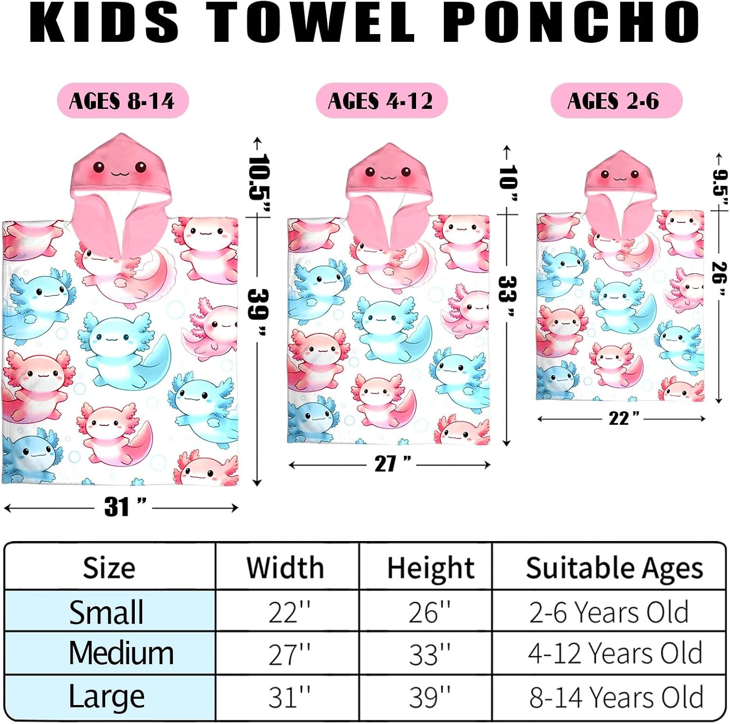 Kids Hooded Beach Towel with Axolotl Design for 8-14 Years