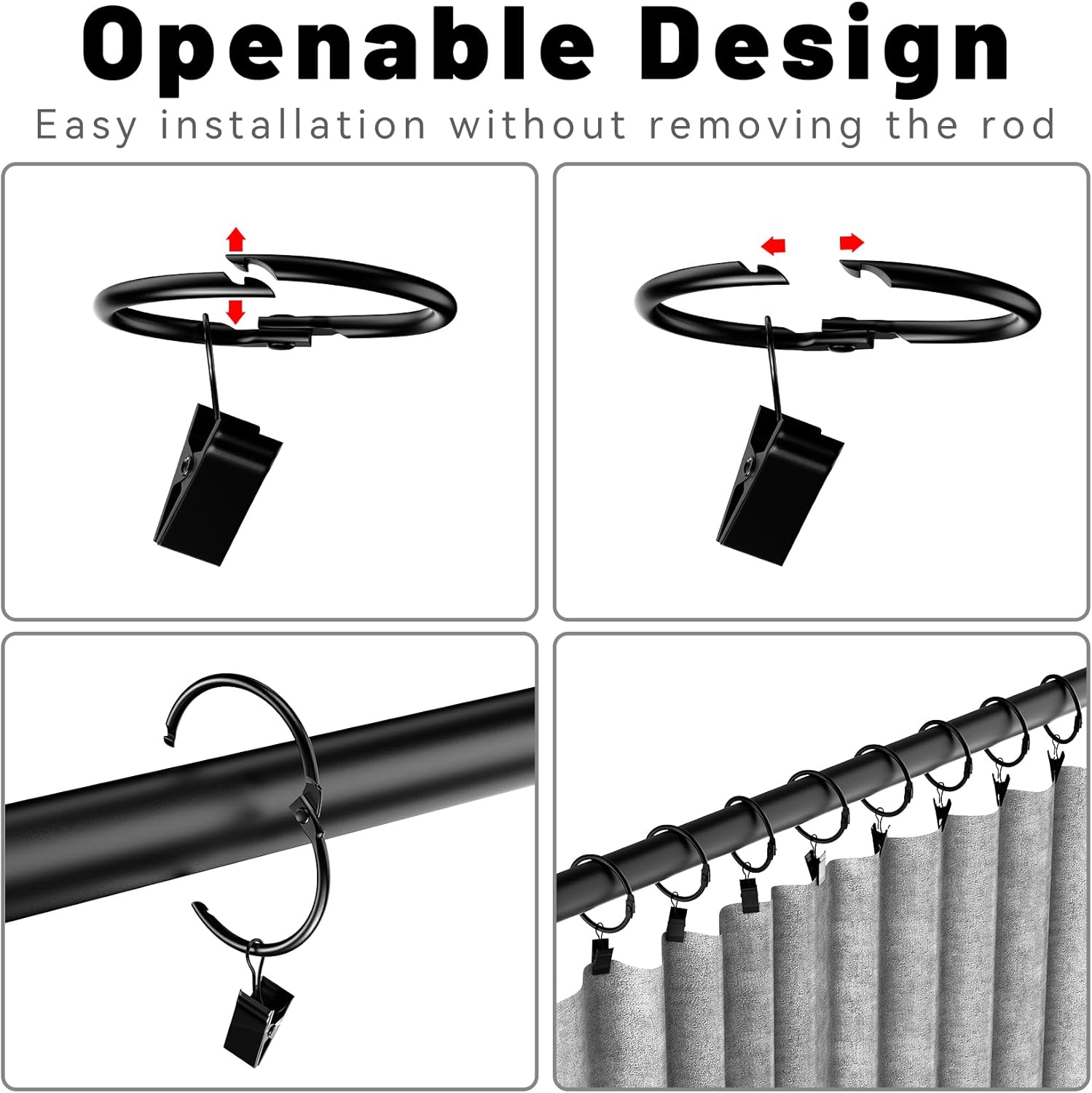 24 Pack 2 Inch Curtain Rings with Clips - Rustproof Black