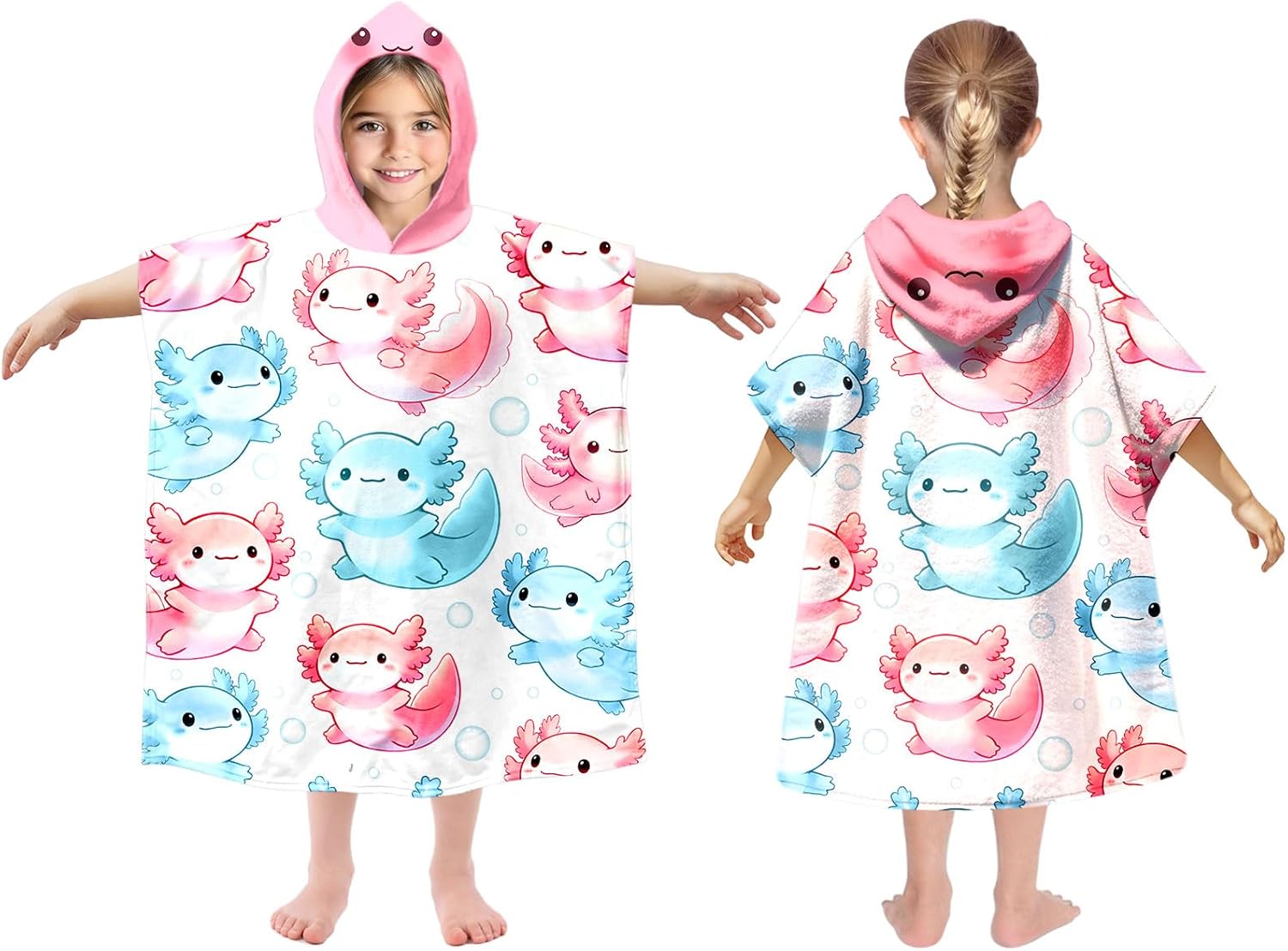 Kids Hooded Beach Towel with Axolotl Design for 8-14 Years