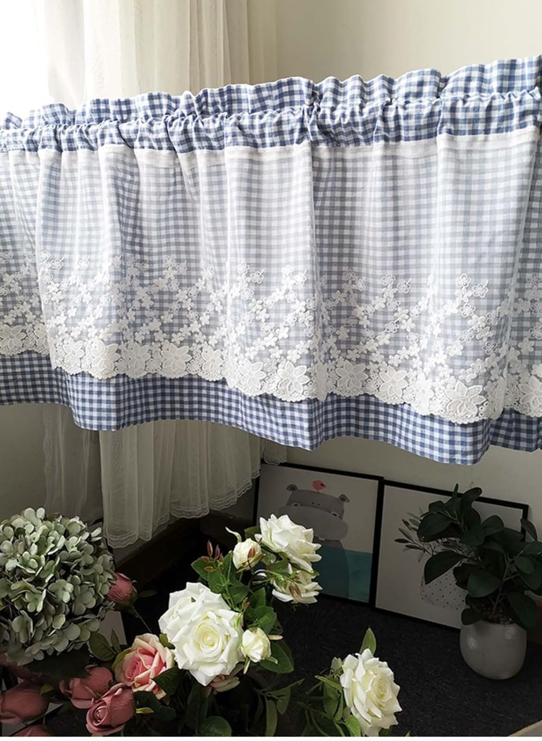 Blue Voile Curtains Tiers Set for Kitchen Windows