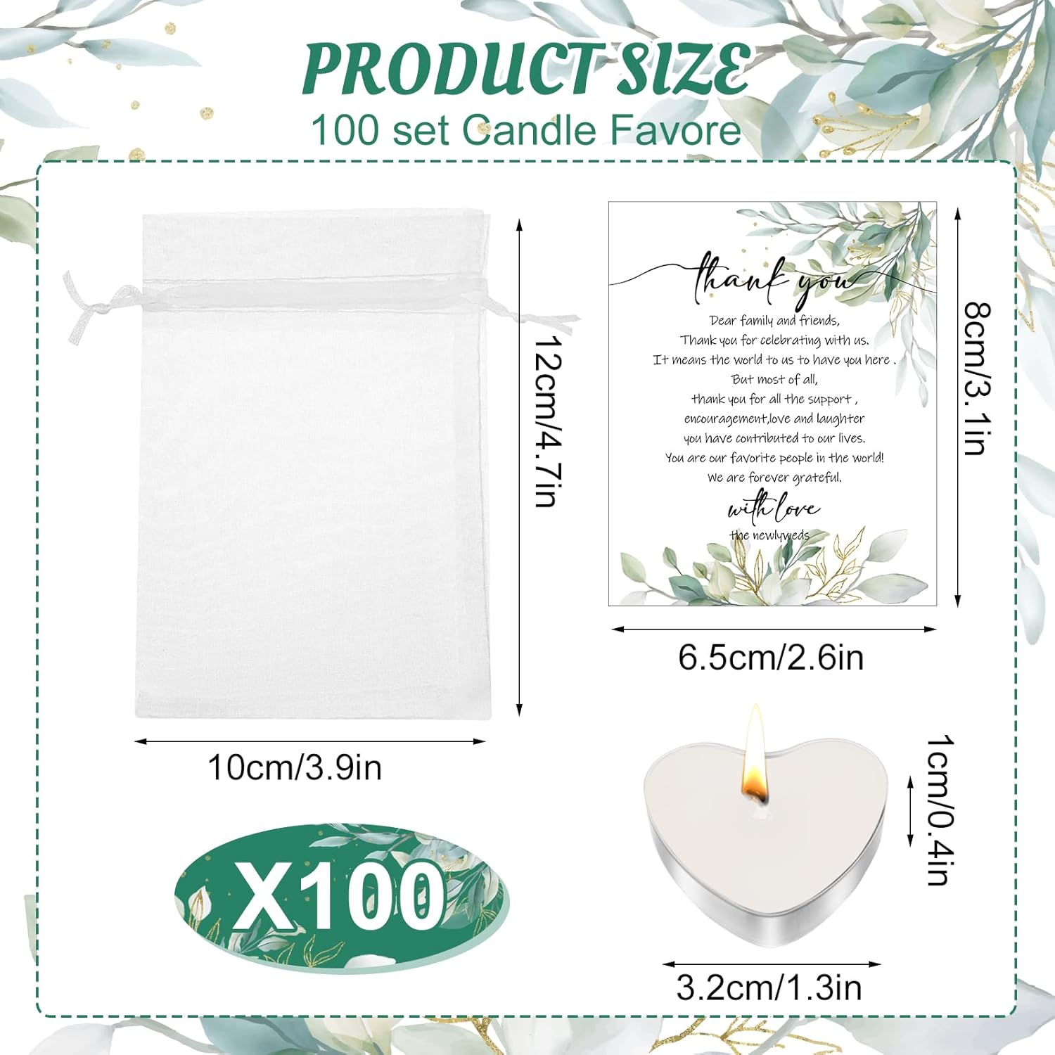 100 Sets Heart Shaped Wedding Candle Favors with Cards and Organza Bags