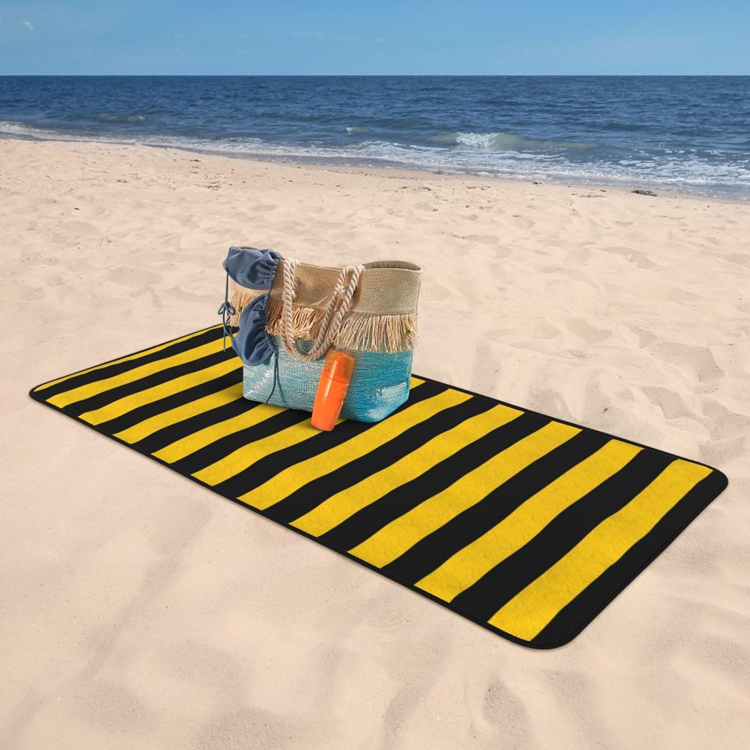 Yellow Black Stripe Beach Towel for Adults Kids
