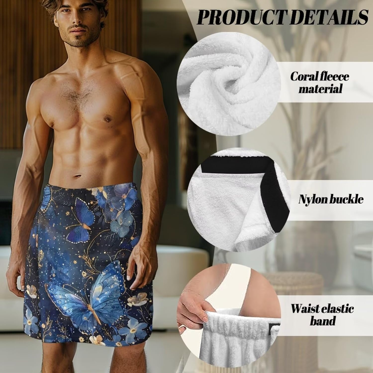 Blue Butterfly Bath Wrap with Front Pocket