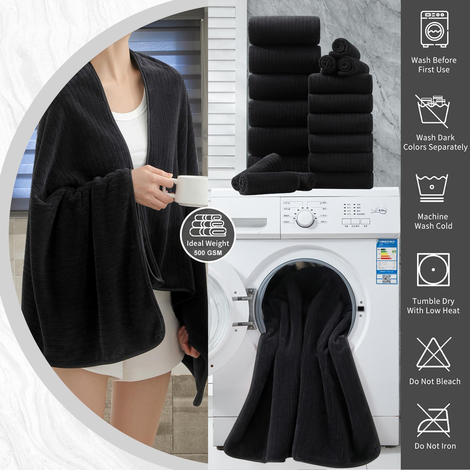 18 Piece Super Soft Bath Towels Set - Black