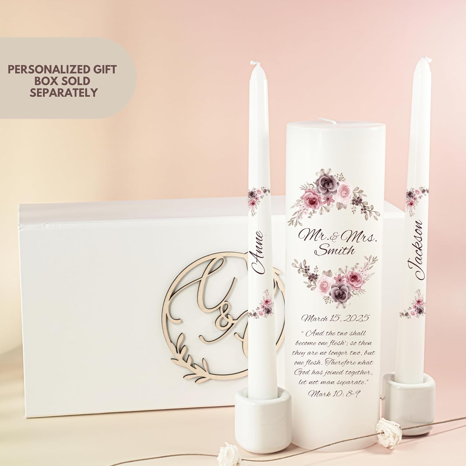 Unity Candles for Wedding Mr Mrs Set with Bible Quote